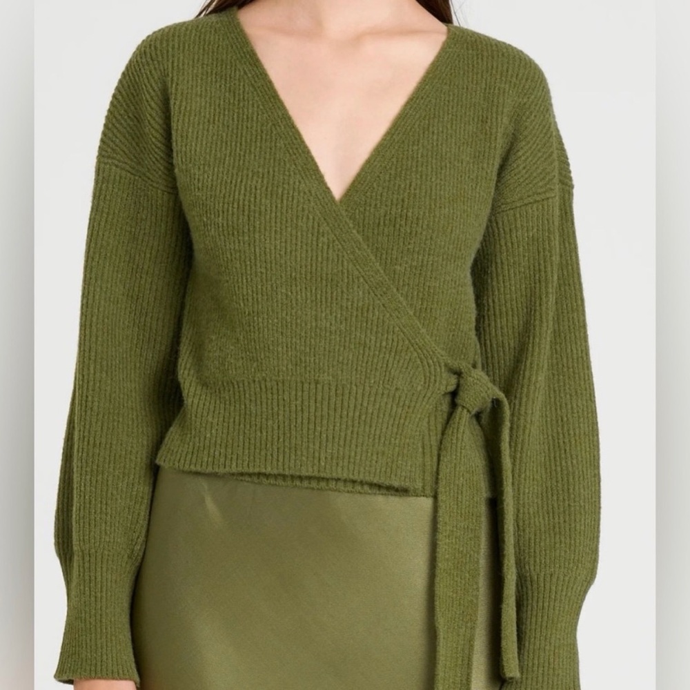 WAYF Olive Green Wrap Sweater Tie Waist Ribbed Knit XS